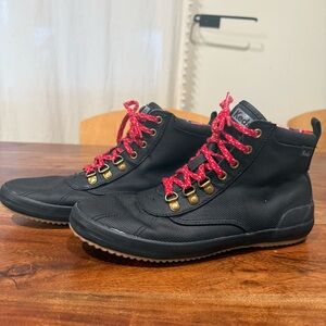 Keds Black Canvas Sneakers with Red Laces and Gold Accents